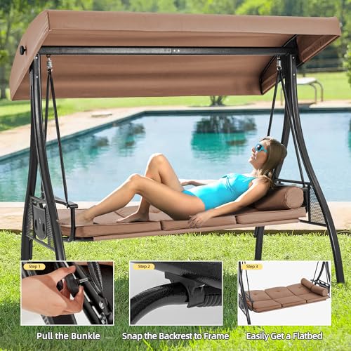 Image of HOMREST 3 Seat Outdoor Porch Swing with 1.5 inch Deepened Cup Holder, Adjustable Canopy, Patio Swing Bed with Stand, Patio Glider Swing with Thicken Cushions, Pillow for Yard, Garden(Brown)