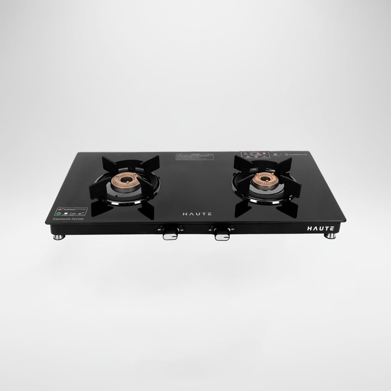 Haute Kitchen Essencia 2 Burner Gas Stove | Manual Ignition | 7mm Toughened Glass | Metal Knobs | Door Step Service | 7 Years Glass Warranty & 2 Years Manufacturing Warranty