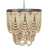 Creative Co-Op EC0373 Two-Tier Boho Light Fixture with Wooden, Draped Natural Bead Rustic Farmhouse Distressed Chandelier, 27.5 x 27.5 x 26.38