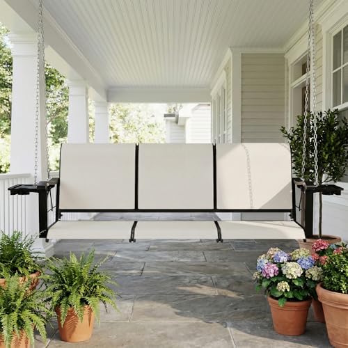Image of HOMREST Textilene 3 Seat Porch Swing with Cup Holder, 5.3FT Patio Hanging Swing Bench, 700lbs Capacity Outdoor Porch Swing with Hanging Chains for Deck Garden Backyard (Beige)