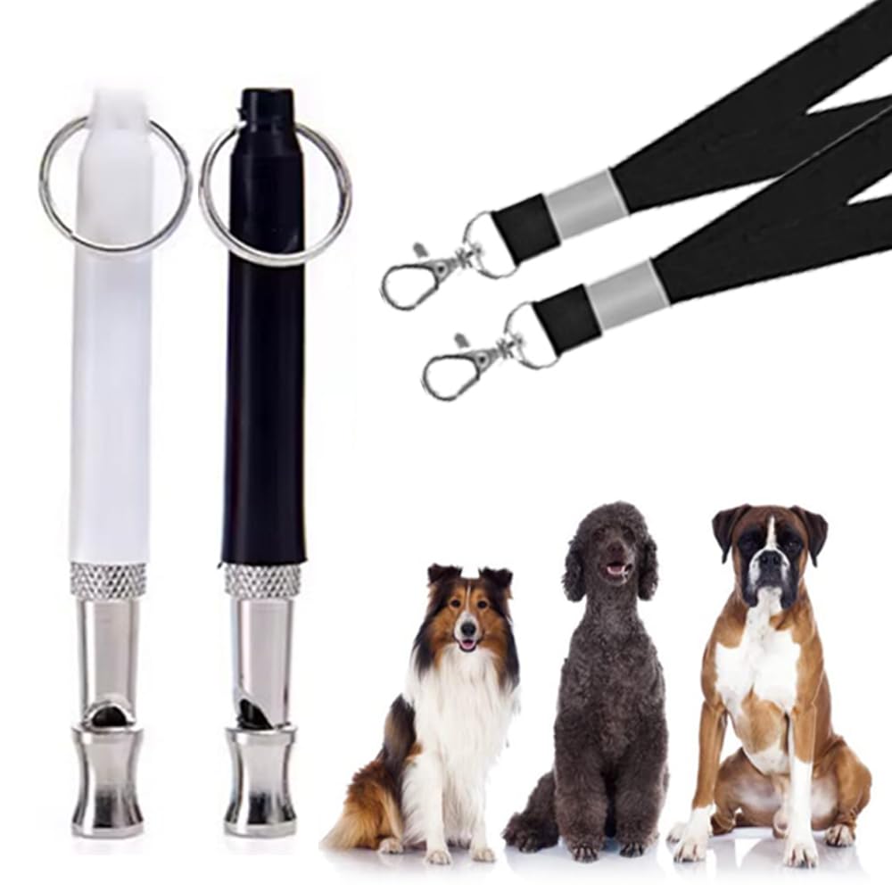 2 Pack dog whistle, dog training whistle, Adjustable Ultrasonic Silent Dog Whistle, Dog Whistle to Stop Barking Neighbors Dog, Professional Recall Dog Training Whistles. (Black and White with lanyard)