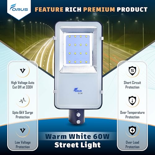 Image of Forus 60W LED Street Light Warm White - IP66 Waterproof Outdoor Lighting Fixture, Energy Efficient Road Lamp with 5-Year Warranty for Street, Garden, Parking Lot, Highway, Backyard - 1PC