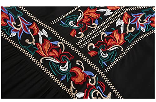 Women's Long Sleeve V Neck Long Dress Spring Autumn Ethnic Floral Embroidered Dress Boho Party Cotton Tunic Black L #TOP6