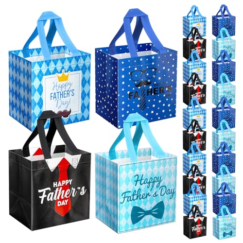 XiaosRen 24 Pack Fathers Day Tote Bags - 7.9 Non-Woven Reusable Gift Bags Bulk with Handles Assorted Happy Fathers Day Designs for Men & Party Favors
