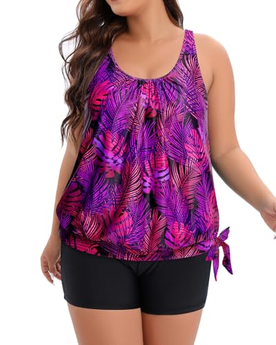 Holipick Women Plus Size Tankini Swimsuit - Two Piece Bathing Suits Tummy Control Blouson Tankini Top with Boy Shorts2