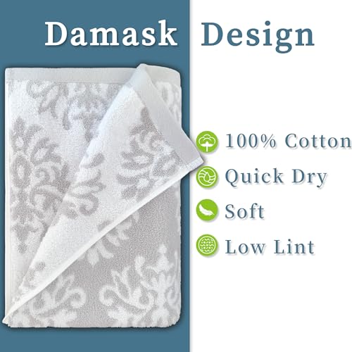 6-Piece Cotton Towel Set for Bathroom, Grey and White - 2 Bath Towels, 4 Hand Towels
