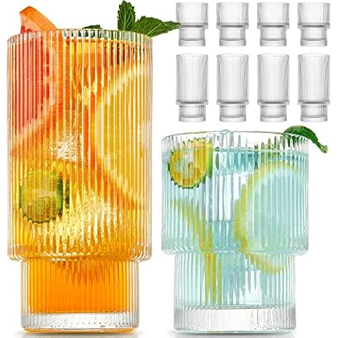 Gencywe 8 Pack Drinking Glasses, 4pcs Highball Glasses (11oz) & 4pcs Rocks Glasses (6oz), Vintage Glass Cups, Elegant Ribbed Glassware, Iced Coffee Glasses, Glass Tumbler for Cocktail, Whiskey, Juice Cover