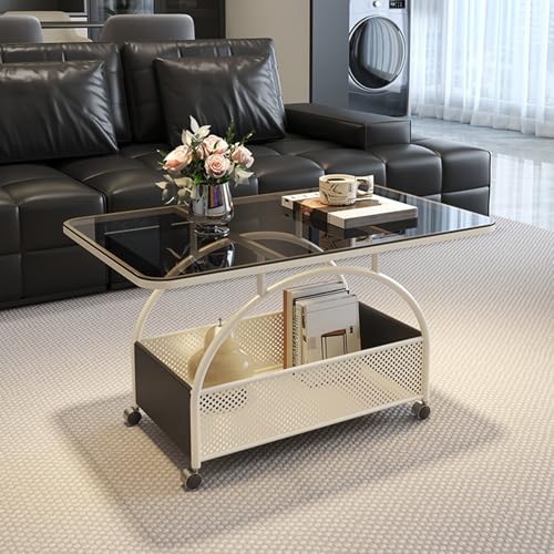 Table basse en verre trempé marron avec rangement ouvert et cadre en métal mobile