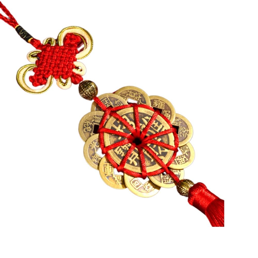 Pendentif maison nœud chinois rouge et pièces de monnaie anciennes pour salon