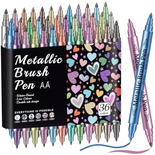 Product Image of the Prudiut 36 Pack Premium Metallic Markers Set, Dual Tip Paint Pens, Acrylic Paint Markers for Rock Painting & Crafts, Easter & Valentine's Day Gift for Adults & Artist
