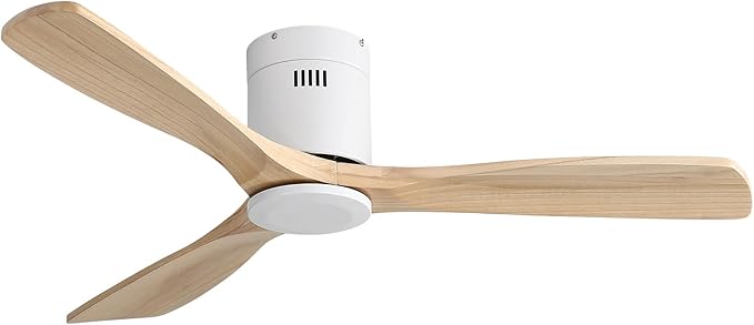 Sofucor 52 Inch Solid Wood Ceiling Fan Without Lights Flush Mount Ceiling Fans with Remote Control-Wood Blades Modern Outdoor Ceiling Fan No Light for Bedroom/Farmhouse/Patio/Indoor,Natural Wood White