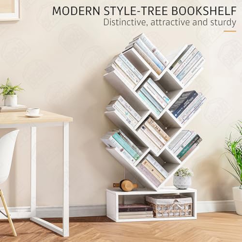 Image of ABOUT SPACE Book Shelf for Home - 11 Tier Tree Shaped Book Rack for Study Room DIY Wooden Book Stand with Bottom Storage Space for Office, Livingroom, Bedroom (White - L 57 x B 21.5 x H 109 cm)