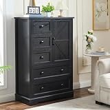 SOOWERY Dresser for Bedroom, Farmhouse Dresser with 5 Wooden Drawers and Storage Cabinet, 48 Inches Tall Chest of Drawers for Bedroom, Living Room, Hallway, Black