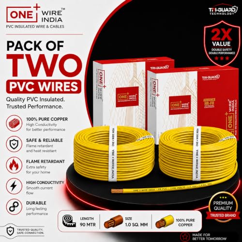 Image of 90m PVC Copper Electrical Wire (Pack of 2), Yellow, 1.0 mm