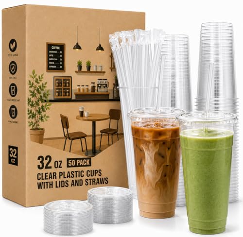 XUANPEILIN [50 SETS] 32 oz Cups with lids Plastic cups with lids and straws iced coffee cup suitable for takeout iced coffee cold drinks smoothies juices parfaits Frappuccinos and milkshakes.