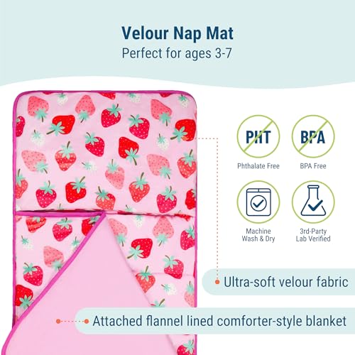 Image of Wildkin Kids Velour Nap Mat for Girls - Soft & Cozy Toddler Sleep Mat with Built-in Blanket for Daycare, Preschool, Kindergarten & Travel, Ages 3-7, Machine Washable - Strawberry