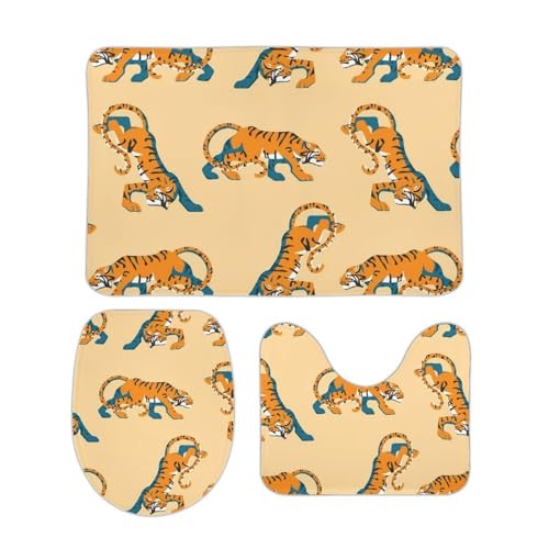 トイレマット 3点セット 虎柄 手描き 新年 寅 虎柄 フタカバー 便座カバー 洗える お風呂マット ふわふわ 滑り止め U型 O型 兼用 ズレない おしゃれ 吸水速乾 40cm x 60cm