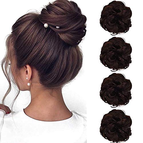 4 Pack Synthetic Messy Curly Hair Bun Hairpiece Extensions for Women and Girls Messy Donut Updo Chignons Hair Piece for Wedding or Daily wear (Dark Brown Mix Light Auburn)