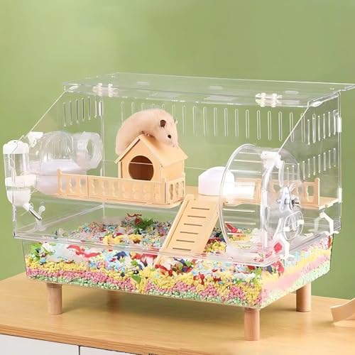 ハムスターケージ 大き透明ハムスターケージ 2階建てアクリル製飼育ケージ ハムスター ハウス 小動物ケージ 木製 ハムスターケージ 広い空間 持ち運び 組立簡単 給水ボトル 回し車 お風呂 など 9点セット 長47x幅30x高37cm (パッケージ3)