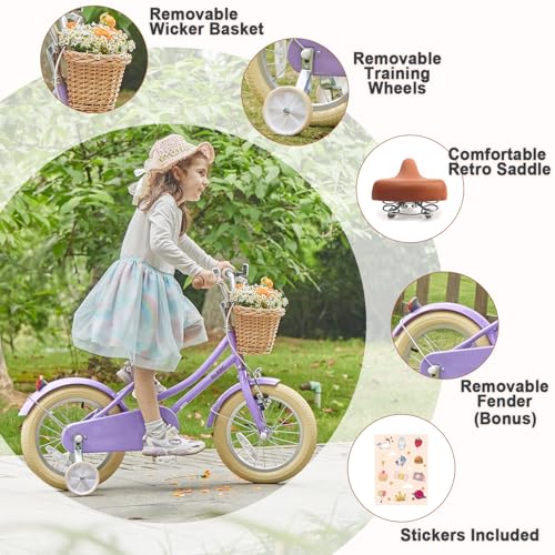 Image of Glerc Little Molly 12-20 Inch Kids Retro Cruiser Bike for 2-13 Year Old with Wicker Basket & Training Wheels /Kickstand, Multiple Colors