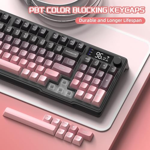 Image of FREEWOLF M96 Wireless Gaming Keyboard Creamy Membrane with Rainbow Backlight,Media Knob,LCD Screen,Dual Mode-Bluetooth /2.4Ghz,Ball Shape PBT Keycap 94 Key ANSI Layout for Win Mac PC Gamer(BlackBerry)