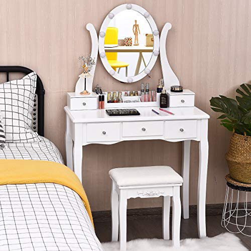 CHARMAID Vanity Table Set with Lighted Mirror, Makeup Dressing Table with 10 LED Lights, Touch Switch, 5 Drawers, Removable Organizer, 10 Dimmable Lights Makeup Table and Cushioned Stool Set (White)
