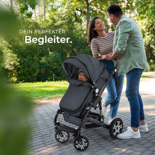 tectake® 2 in 1 Kinderwagen, klappbarer Kinderwagen Buggy mit Liegefunktion, mit Fußsack Buggy, Buggy mit Getränkehalter, herausnehmbarer Babywanne und Regenschutz - anthrazit