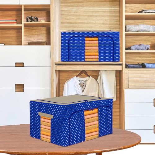 Image of Kuber Industries 88 Liter Clothes Storage Box | Foldable Steel Frame Clothes Organizer | Storage Box For Wardrobe-Saree-Shirts And Blankets | Underbed Storage Bag | Dot Print | Royal Blue
