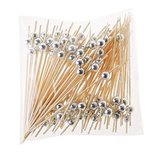 SINGFNH Lot de 200 pics à cocktail jetables en bambou, 12,9 cm, cure-dents fantaisie pour apéritifs, mariage, banquet, fête, fruits décoratifs - Argenté Cover