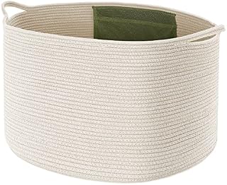 Maliton Storage Basket, Blanket Basket for Clothes, Bedding, Dog Toy Basket for Kids Room, Living Room, Extra Large D50 x H33 cm Woven Basket with Pockets, Foldable Laundry Basket with Handles-White