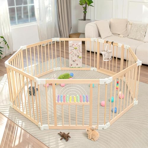 Ulnxiy Foldable Wooden Baby Playpen Activity Center,Adjustable Size & Shape Portable Play Yard, Baby Fence Play Area with Gate for Indoor Use for Babies and Toddlers(56x56x24inches)