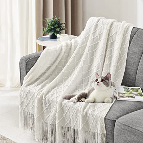 Touchat Knitted Throw Blankets For Couch, Sofa And Bed, Lightweight Soft Knit Blanket With Tassel, Decorative Cozy Farmhouse Throw Blankets For Women And Man 50"X60", Cream Off White #TOP4