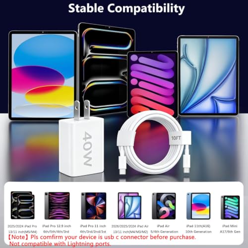 Image of iPad Charger Fast Charging,[Apple MFi Certified]40W Fast USB C Charger Block 10FT USB C to C Cable Cord for iPad Pro 13 /12.9 /11 inch,iPad A16 11 /10th,iPad Air 13 /11 inch M4 /M3 /M2 /5th /4th,iPad mini 7 /6