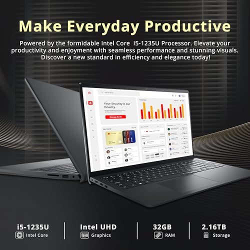 Image of Dell Inspiron 15.6 inch FHD Touchscreen Laptop, Intel i5-1235U, 32GB DDR4 RAM, 2.16TB Storage (2TB SSD+160GB Docking Station), Intel UHD Graphics, Numeric Keypad, HD Webcam, Wi-Fi 5, Black, Windows 11 Pro