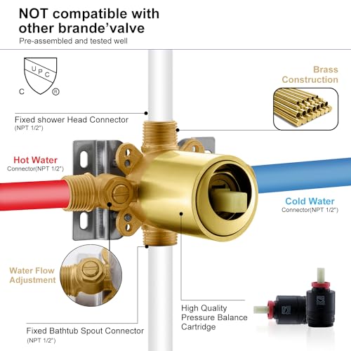 KENES Brushed Gold Tub and Shower Trim Kit, Square Tub Shower Faucet Set Complete with 6-Inch Rainfall Shower Head and Tub Spout, KE-6025A-4 (Shower Valve Included) by KENES - Used condition - Image 8