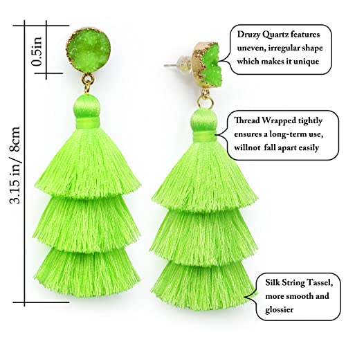 Me&Hz Neon Green Tassel Earrings Layered Fringe Drop Dangle Earrings for Women Lime Fluo Green Earrings Summer Beach Jewelry 80s Neon Party Accessories