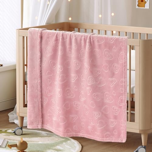 Image of BORITAR Baby Blanket with Heart Design for Girls Ultra Soft Fleece Warm and Lightweight Blankets for Infant Toddler Newborn, 30x40 Inch, Blush Pink
