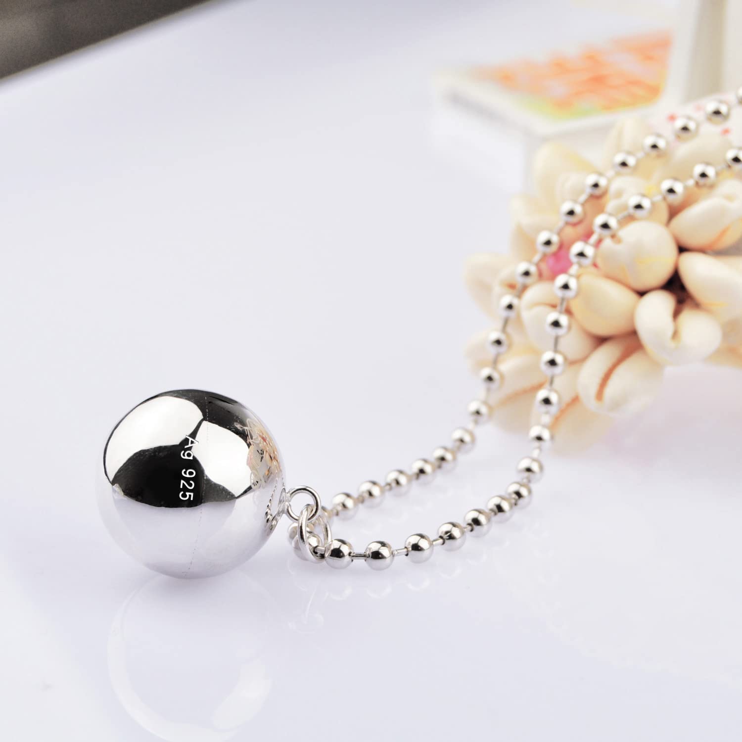 Dankadi - Collar fino y colgante de cascarilla redonda de 925 plata, cadena lisa, llamador de ángeles, longitud 45-50-55-60-65 cm, regalo de joya musical para mujer
