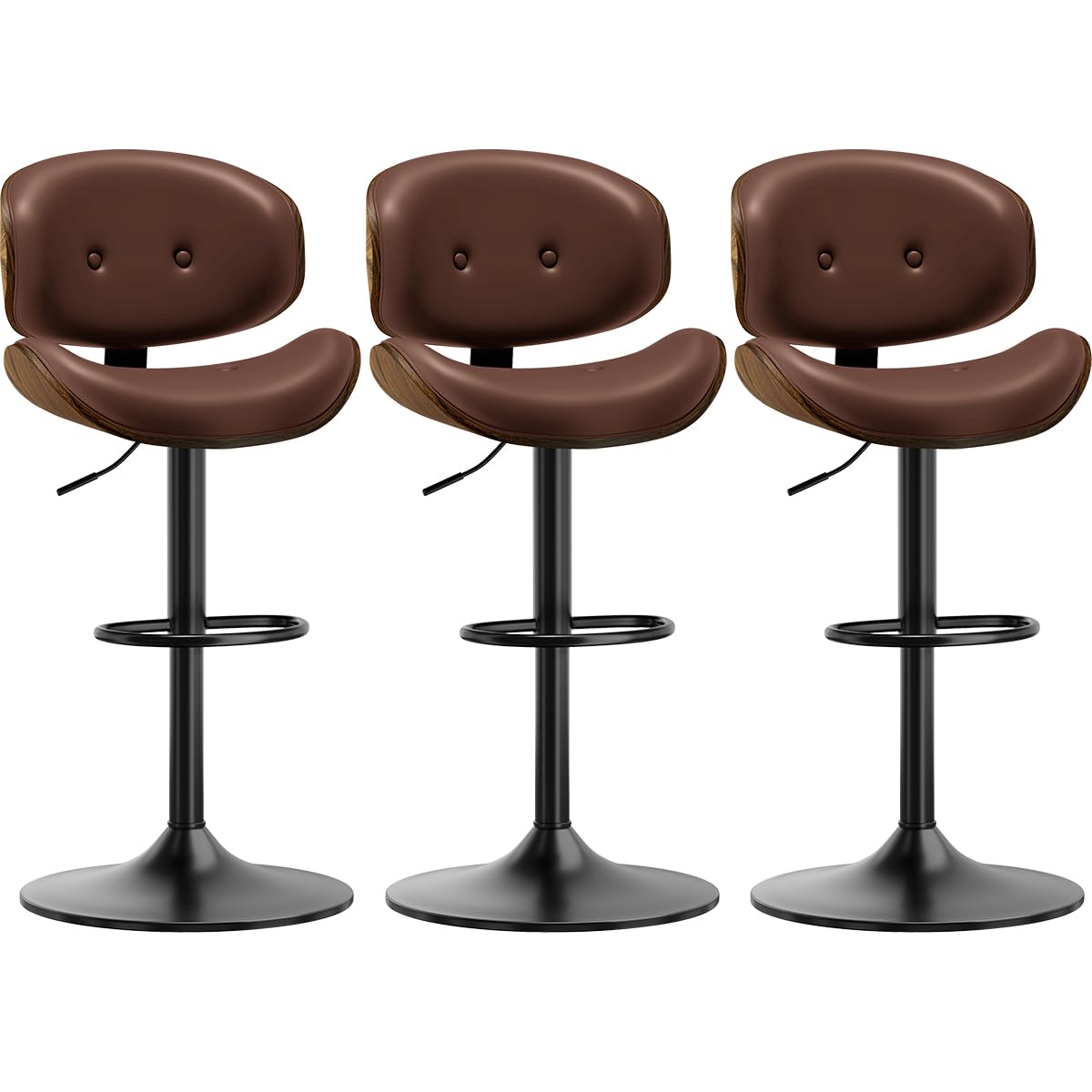 Adjustable Swivel Bar Stools Chair,Counter Height Bar Stools with Back,350 LBS PU Leather Bar Stool for Kitchen Island,Upholstered Pub Stools with Footrest (Brown, Set of 3)