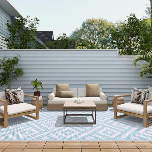 Image of GENIMO Outdoor Rug for Patio Clearance, 6'x9' Waterproof Camping Mat, Reversible Plastic Straw Rugs for RV, Camper, Balcony, Backyard, Picnic, Deck (Baby Blue & Pink)