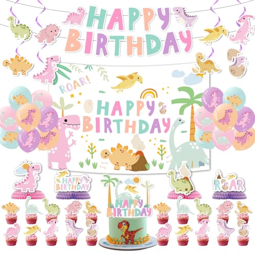 Girl Dinosaur Party Decorations Dinosaur Birthday Banner Cake&Cupcake Toppers Backdrop Balloons Decorations For Girls Pastel Pink Cute Dinosaur Party Supplies