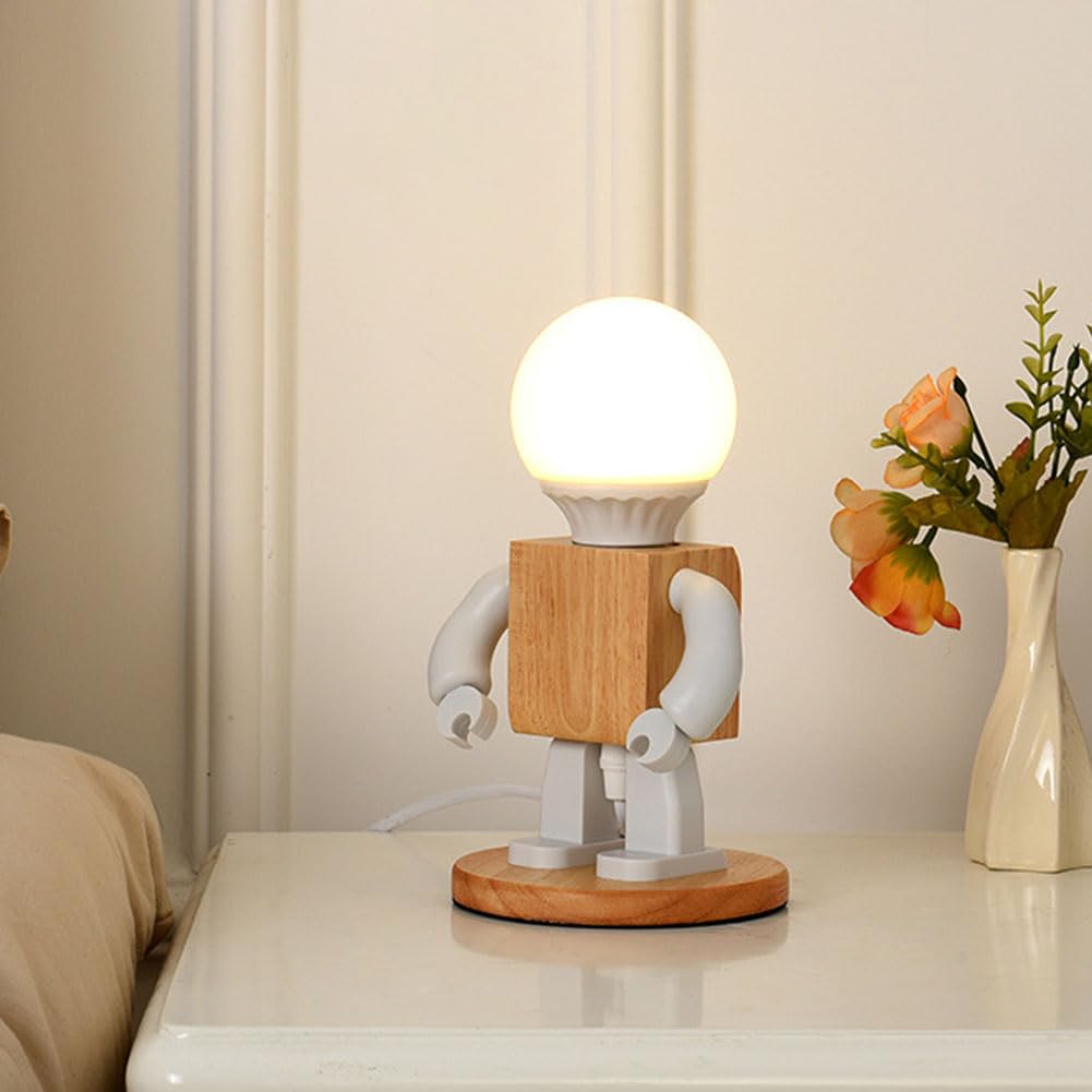 Roboter Nachttischlampe Holz Kreative Roboter Schreibtischleuchten Moderne LED Schreibtischlampe Dekorative Nachttischleuchten mit Kabel und Schalter Tischlampe für Kinder Schlafzimmer Büro