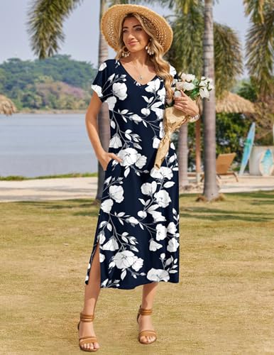 Image of Zeagoo Women Summer Floral Dress Short Sleeve Beach Dress with Pockets Casual V-Neck Split Long T-Shirt Dress Travel Vacation