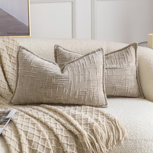 Image of MADIZZ Pack of 2 Chenille Throw Pillow Covers 12x20 Inch Taupe Soft Neutral Decorative Throw Pillows for Couch Sofa Boho Accent Cushion Covers Modern Farmhouse Home Decor for Bedroom Living Room