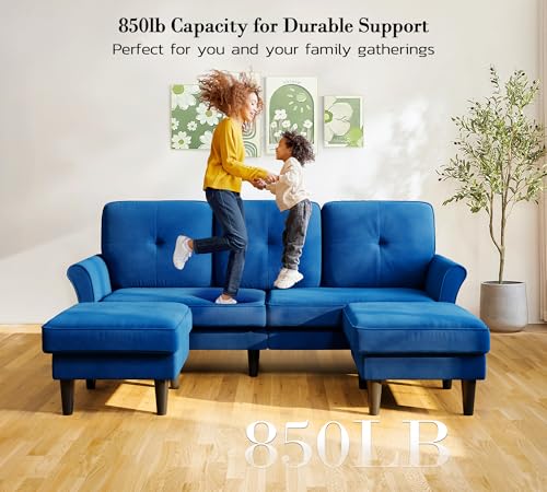 Image of Kidirect Small Sectional Couch, 83 inch U Shaped Couch, Comfy Velvet Couches for Living Room, Tool-Free Setup Modular Sectional Sofa, 850lbs Load Sofas for Living Room with 2 Movable Ottomans, Blue Couch