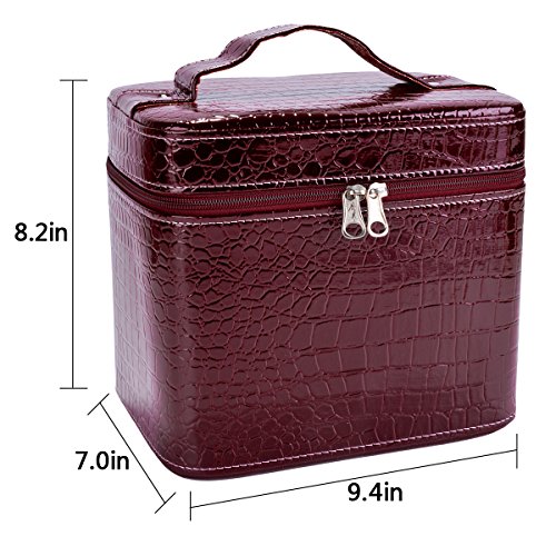 Train Case,COOFIT Portable Travel Makeup Case Crocodile Pattern Leather Beauty Box for Women Large Red - Thumbnail 5