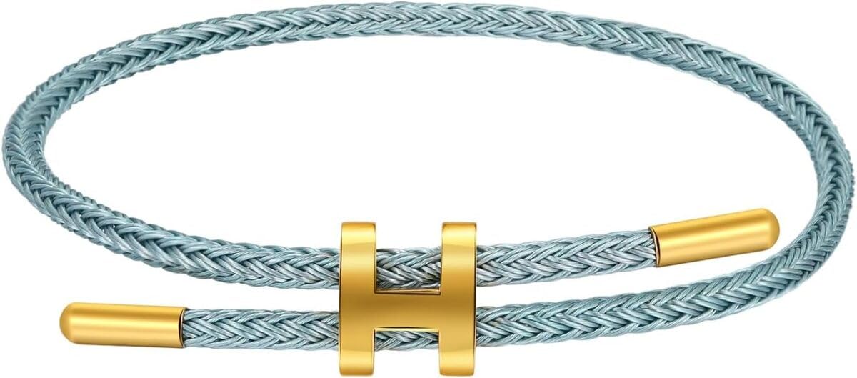 Bracelets for Women, Adjustable H Letter Bracelet, 18K Gold Color Plated Stainless Steel Clasp Design Titanium Steel Wire Rope Jewelry Gift for Women Blue
