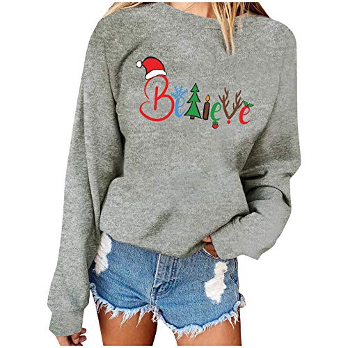 Gemi Believe Christmas Shirts for Women Long Sleeve Funny Letter Print Cute Tee Tops Lightweight Sweatshirts Pullovers