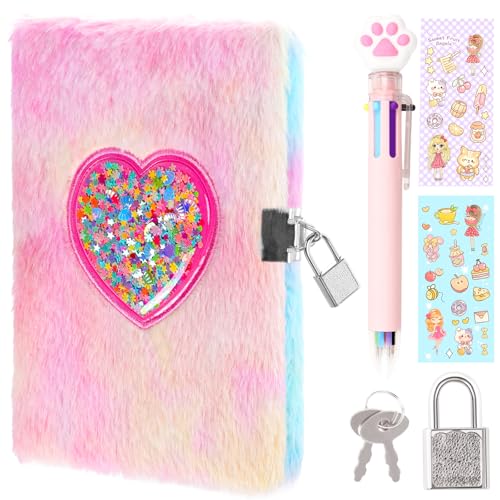Image of Heart Diary with Lock, Gift for 8 9 10 Year Old Girl, Secret Diary Journal Notebook with Multicolored Pen, Stickers, Practical Gift for Birthday Easter (Tie-dye pink)
