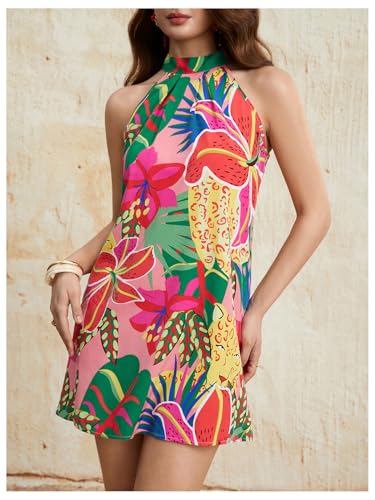 Image of Floerns Women's Sleeveless Floral Print Sundress Halter Neck A Line Short Dress